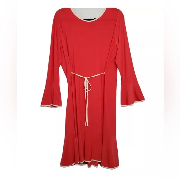 New Gramercy 22 Midi Dress Bell Sleeve Coral/White Trim NWOT - Picture 3 of 6